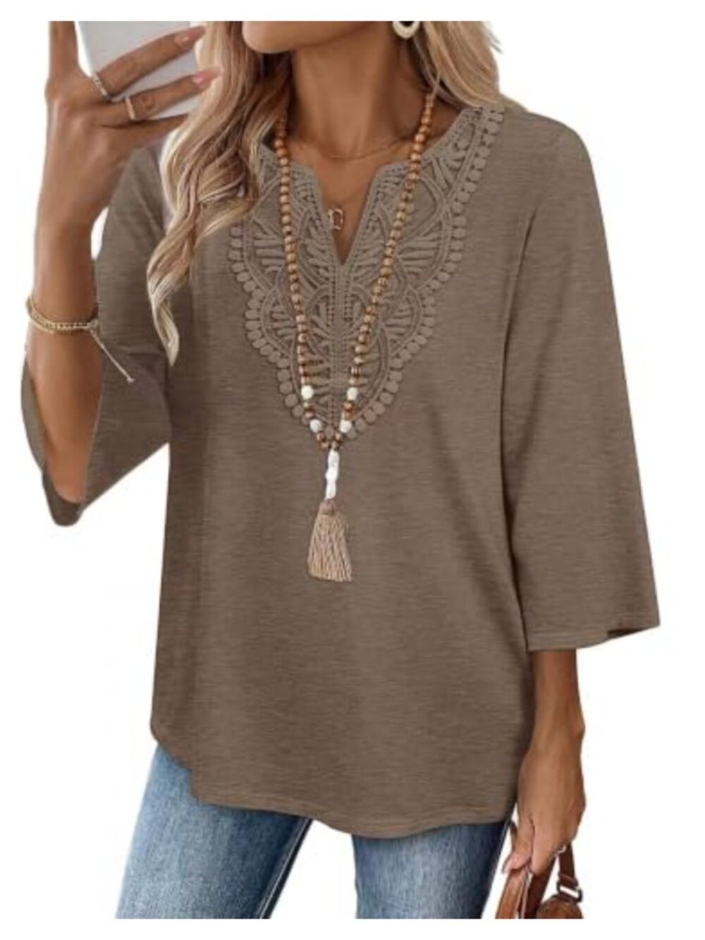 Womens V Neck Lace 3/4 Sleeve Blouse Casual Flowy Top